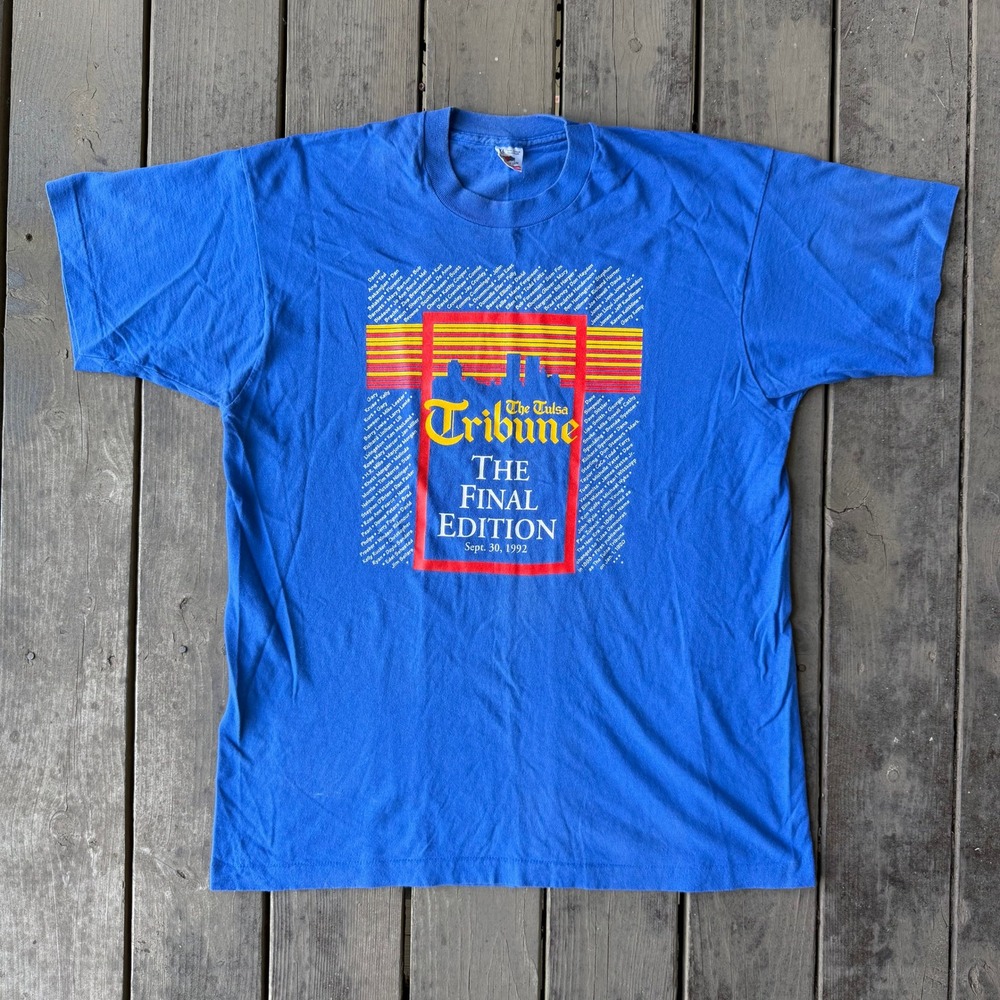 Fruit of the Loom Vintage 1992 The Tulsa Tribune Final Edition T-Shirt XL Blue